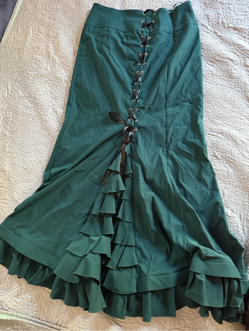 Belle Poque Green Victorian Ruffled Lace-Up Maxi Skirt- alt, goth, - Picture 4 of 8